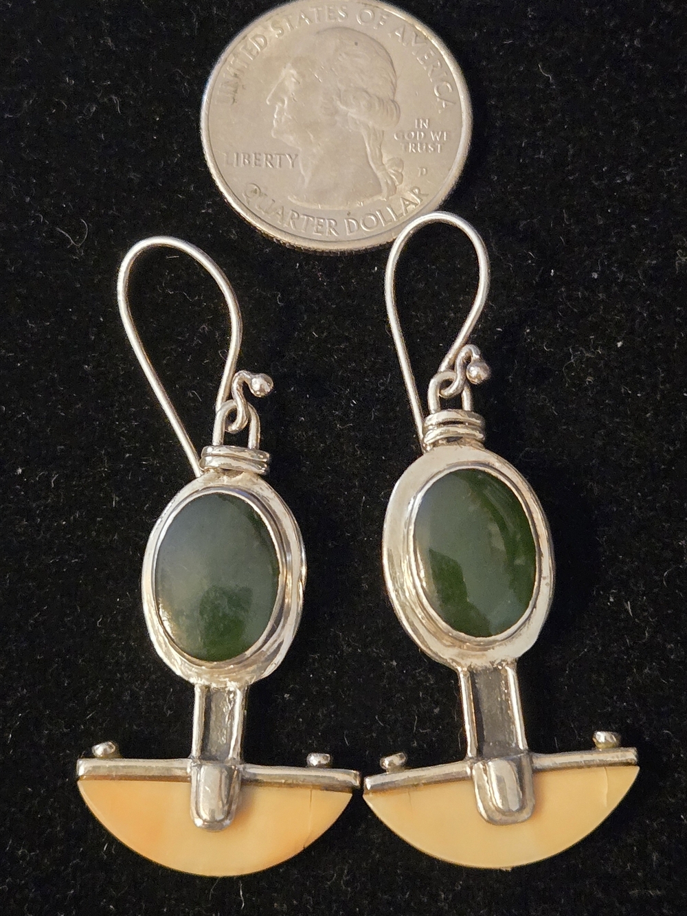 Vintage Sterling Silver Drop Earrings with Onyx And Bone Accents.